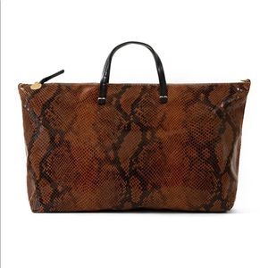 Clare V Brown Snakeskin-Print Patent Leather Weekender Tote